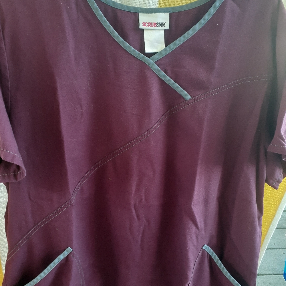 Maroon with grey trim scrub top